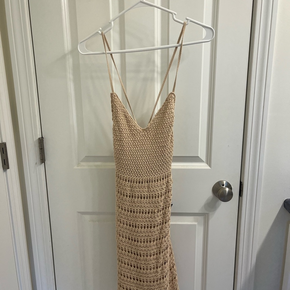 Lulus Summer Muse Beige Crochet Lace-Ip Mini Dress